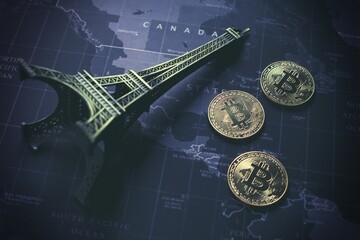 Falling Eiffel Tower decoration with Bitcoins on blue Americas map