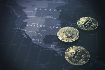 Bitcoins on blue Americas map