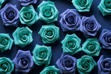 Blue roses on a green background with copy space, in the style of boldly textured surfaces, light gray and purple