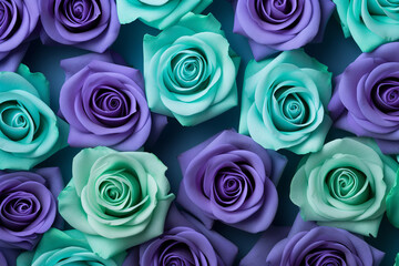 Blue roses on a green background with copy space, in the style of boldly textured surfaces, light gray and purple