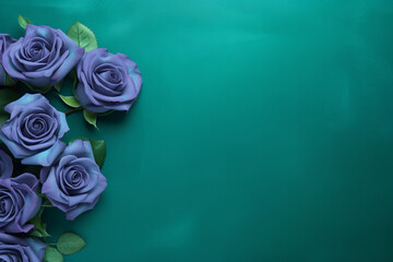 Blue roses on a green background with copy space, in the style of boldly textured surfaces, light gray and purple