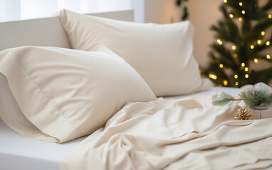 Fototapeta na wymiar Corner of the bed, side view with perfectly evenly laid beige bed linen, in New Year's style
