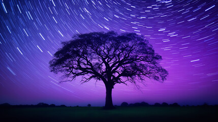 Fototapeta na wymiar Crisp photography of A tree in front of a starry sky with purple data streams rising out of tree branches