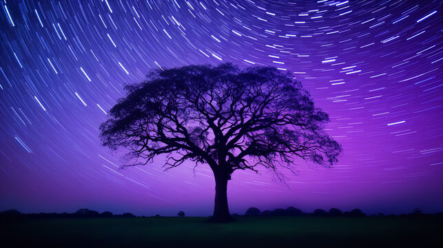 Crisp photography of A tree in front of a starry sky with purple data streams rising out of tree branches