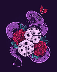Illustration vintage dice rose flower with snake