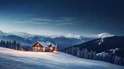  night winter cozy landscape - obrazy, fototapety, plakaty
