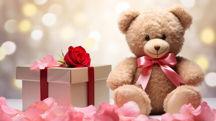 Teddy bear with gift box and rose on bokeh background