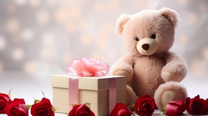 Teddy bear with gift box and rose on bokeh background - obrazy, fototapety, plakaty