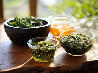 Japanese raw vegan organic delicious and tasty marinated chuka wakame salad and seaweed nori salad dishes in glass bowls on a wooden table - obrazy, fototapety, plakaty