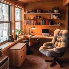 Winter Cabin Workspace: Timber Desk and Fireside Ambiance