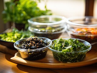 Japanese raw vegan organic delicious and tasty marinated chuka wakame salad and seaweed nori salad dishes in glass bowls on a wooden table - obrazy, fototapety, plakaty