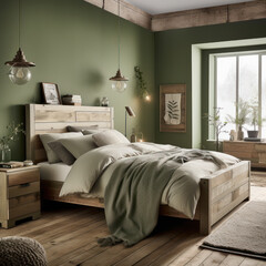 Obraz premium Rustic Retreat: Earthy Olive Green Bedroom