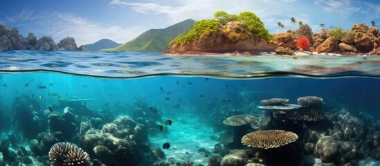 A delicate coral reef thrives in the renowned Komodo National Park, Indonesia, attracting divers and snorkelers.