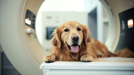 Veterinary and animal care. Doctor preparing dog to have lumbar spine MRI. - obrazy, fototapety, plakaty