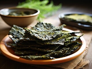 Delicious natural organic seaweed nori snack chips, roasted seasoned crispy sheets of seaweed.