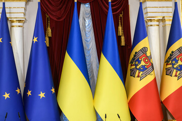 The national flags of Ukraine, Moldova and the flags of the European Union during a diplomatic...