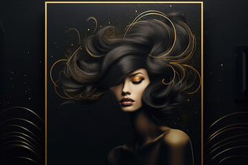 Model with voluminous and sculpted hair and shimmering golden highlights weave through the dark tresses,luxury hair salon advertisement.