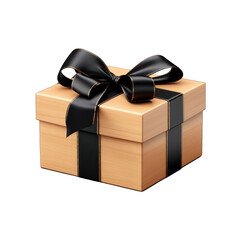 Wooden Gift Box with Black Bow Isolated on Transparent or White Background, PNG