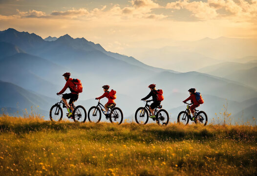 4 four person of Family biking on mountain with helmets on summer field trail. sporty background. side view of family with 2 two small children cycling outdoors in summertime nature. Generative ai