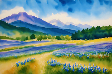 A beautiful scenery. Serene Summer Mountains. A Breathtaking Watercolor Scenery. Generative AI