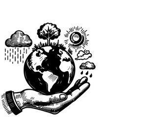 hand holding earth planet with tree, sun, rain, clouds, black line art, doodle globe. environment save world environment day