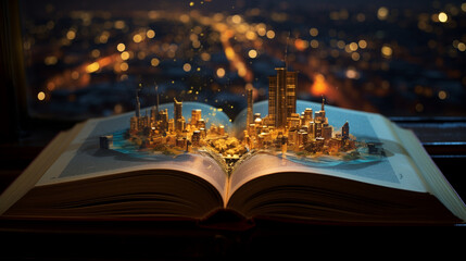 Obraz premium a thick open book by the window, from the book rises the center of the city with skyscrapers of golden color, outside the window you can see the lights of the night city. 
