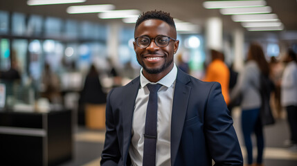 A handsome professional black man in glasses with a gorgeous smile standing in the office...