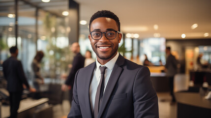 Fototapeta premium A handsome professional black man in glasses with a gorgeous smile standing in the office environment 