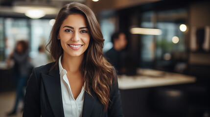A beautiful professional brunette woman with a smile standing in the office environment 