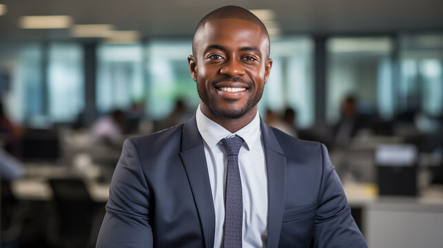 A handsome professional black man with a gorgeous smile standing in the office environment 