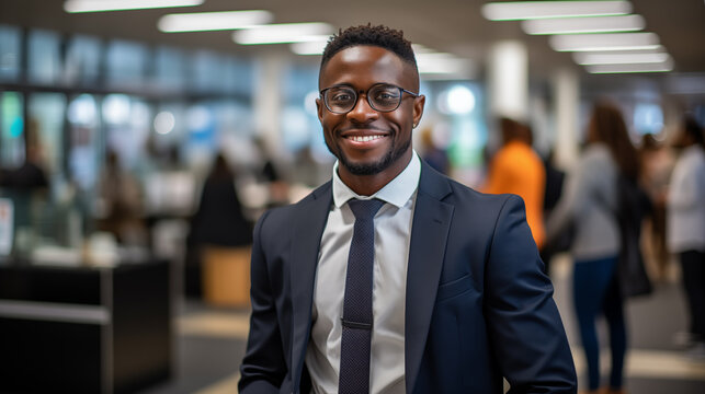 A handsome professional black man in glasses with a gorgeous smile standing in the office environment 