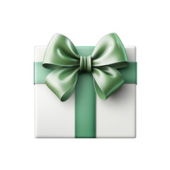 White Gift Box with Green Bow Isolated on Transparent or White Background, PNG