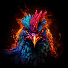 rooster with fire on the side - obrazy, fototapety, plakaty