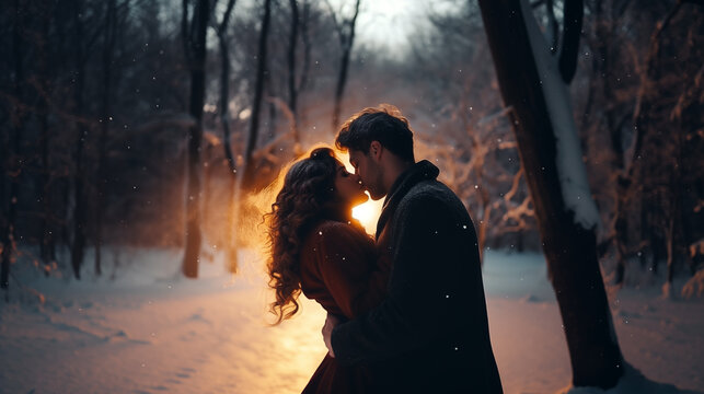 romantic image for valentine's day.passionate beautiful couple kiss.winter season. cinemaic light