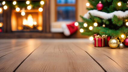 A Festive Christmas Tree with Presents in Front of a Cozy Fireplace