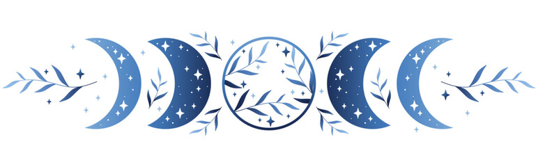 Blue floral moon phase vector illustration. Crescent and floral moon vintage logo design. 