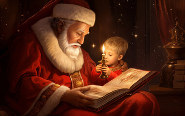 Saint Nicholas came to visit a little boy with a book, fairy-tale atmosphere AI