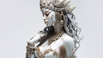 Modern statue of a beautiful woman with jewelry on a light background
