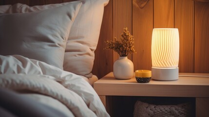 Close-up of a bright table lamp near the bed