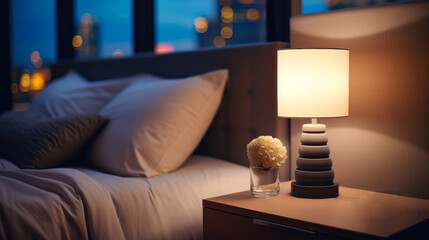 Close-up of a bright table lamp near the bed - Powered by Adobe