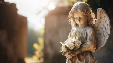 Stone angel with flowers in a cemetery