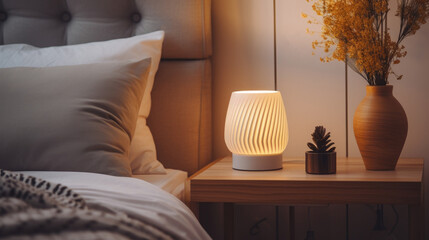 Close-up of a bright table lamp near the bed - obrazy, fototapety, plakaty