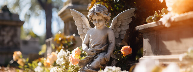 Stone angel with flowers in a cemetery - obrazy, fototapety, plakaty