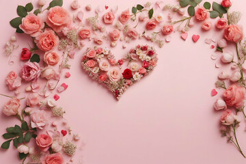 Beautiful heart shaped,Frame composition,various fresh flowers on pink background