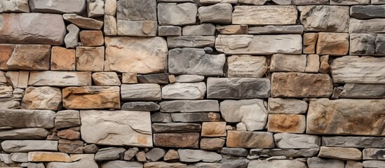 Detailed closeup of a stone wall with natural flagstones and wallstones in irregular shapes and sizes, displaying a rich texture and beautiful design.