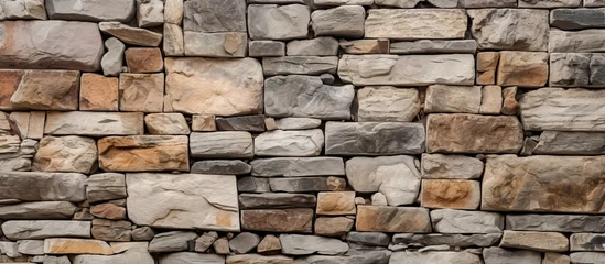 Foto op Plexiglas Detailed closeup of a stone wall with natural flagstones and wallstones in irregular shapes and sizes, displaying a rich texture and beautiful design. © AkuAku