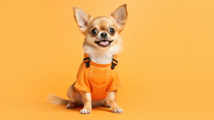 Charming dog in an orange jumpsuit on a light orange background