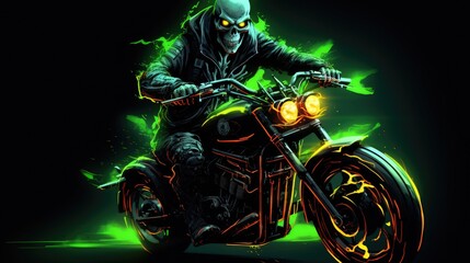 Skeleton biker on a motorcycle on a black background