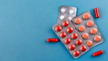 Composition of red pills in blister and two pills is out in a blue background top view; copy space
 - obrazy, fototapety, plakaty