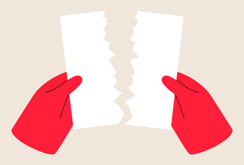 Hands tearing apart a blank sheet of paper. Colorful vector illustration